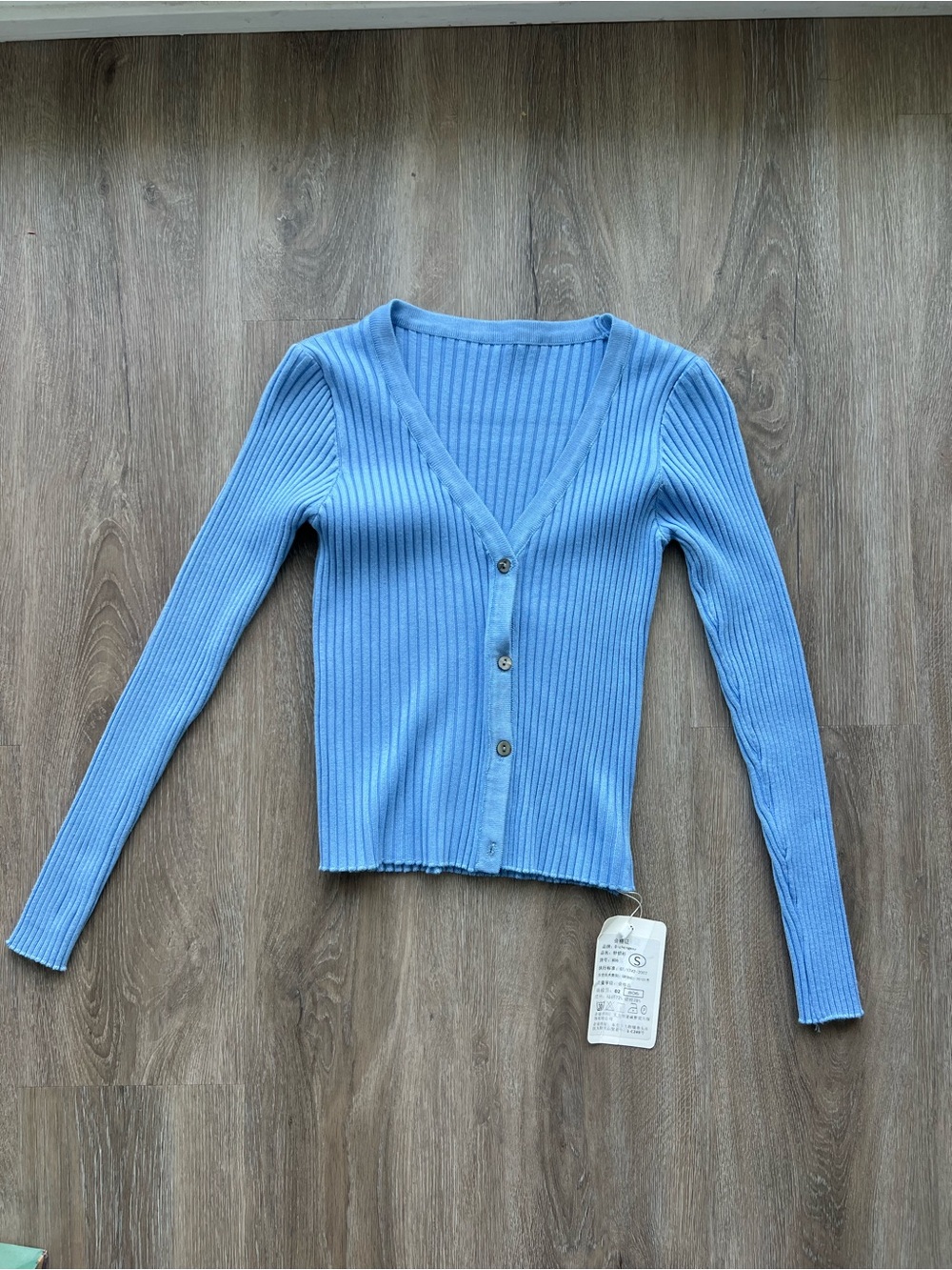 Light Blue Ribbed V-Neck Button Front Women’s Cardigan